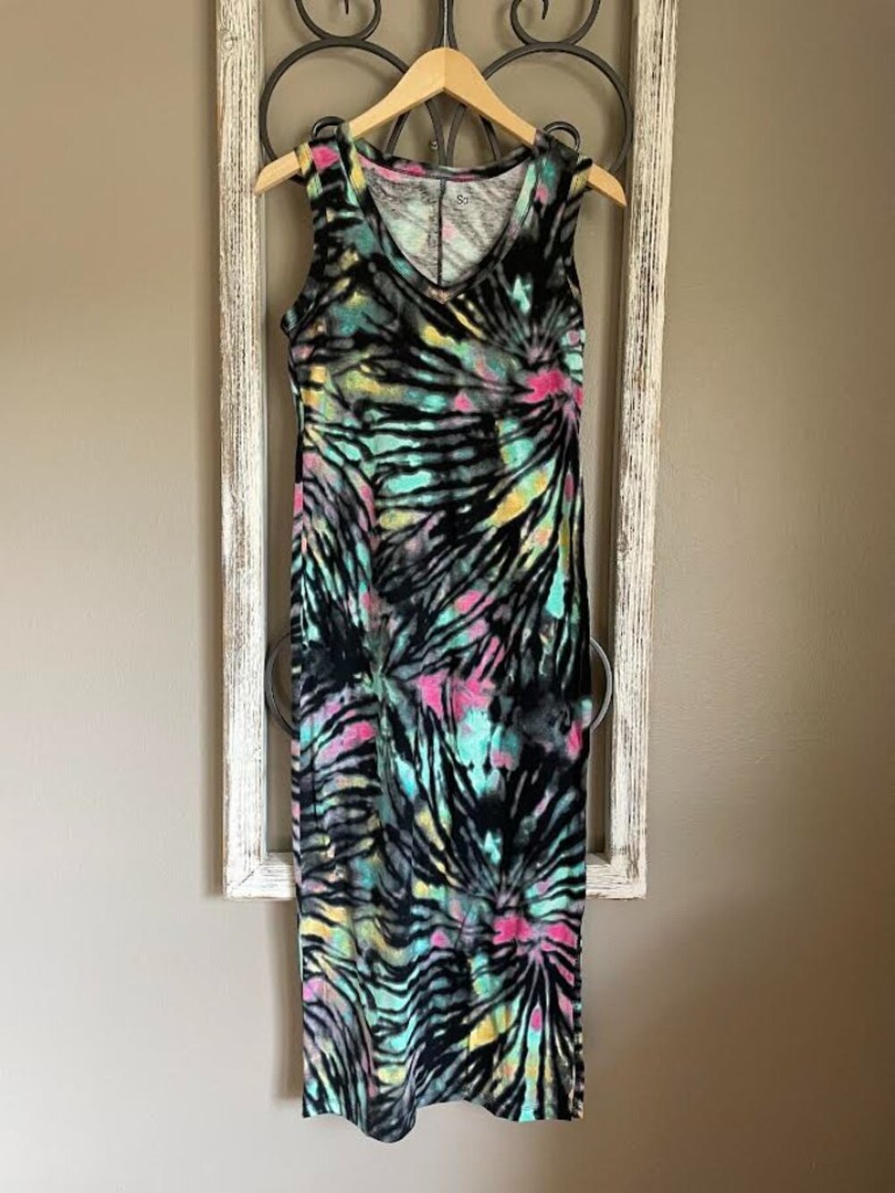 🌈 SO Brand Tie Dye Midi Dress | Black Teal Pink Yellow | Bodycon | Y2K Vibes XS